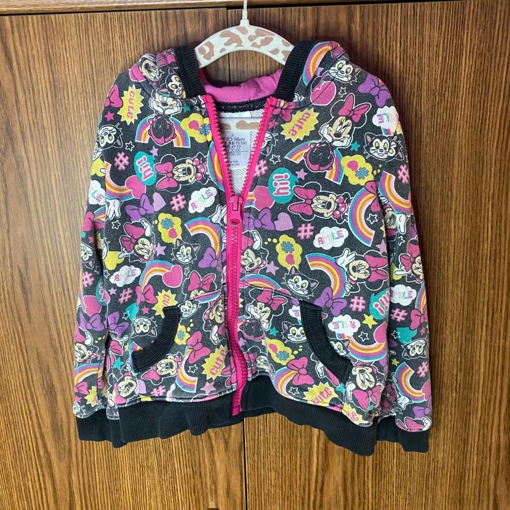 Disney Store Hoodie Kids Size 3 Gray Minnie Mouse Figaro Rainbow Zip Sweatshirt